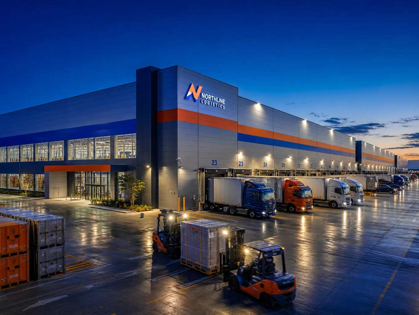Modern freight logistics hub with containers and transport vehicles