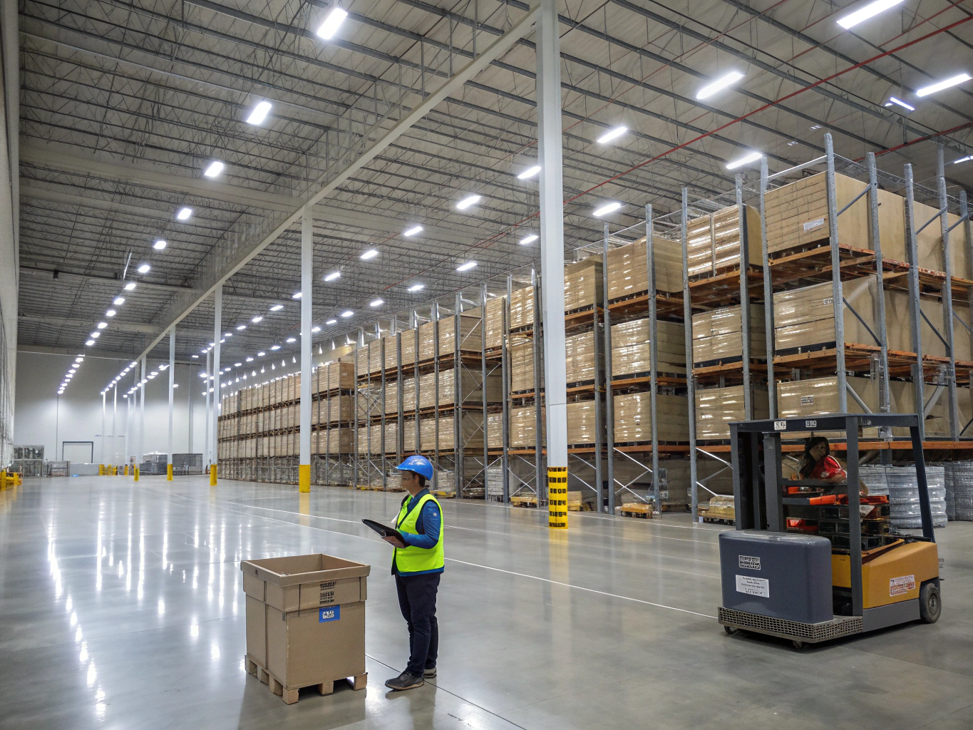Organized warehouse storage facility with high-density racking